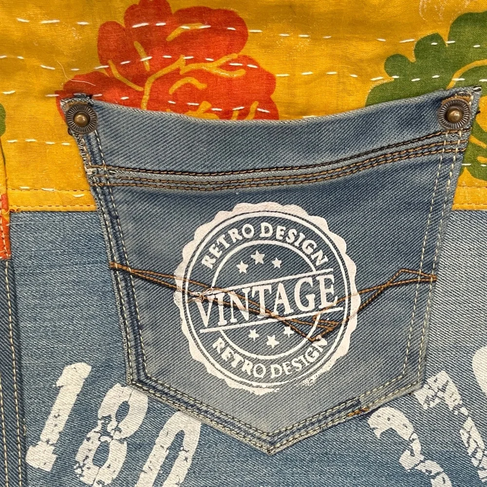 NWOT...Yellow Floral Patchwork Tote with Denim Pocket - Vintage Design - Picture 2 of 9